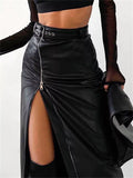 Black PU Leather High Waist Pencil Skirts Vintage Grunge Women Streetwear Zipper High Split Bodycon Midi Skirt with Belt