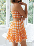 Woloong Aiertu Orange Plaid Print Vintage Women Pleated Trimmed Summer Dress Backless Elastic New Gingham Mini Beach Dress Boho