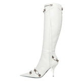 woloong Woman Boot Fashion Sexy Pure Color Pointed Toe Stilettos Heels Vintage Metal Buckle Zipper Knee High Boots Slim Tassel Shoes 45