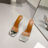 Summer Women Slippers Fashion Sexy Square Head PVC Transparent  Heel High Heels Temperament Party Shoes