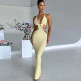 Crochet Halter Sleeveless Backless Solid Hollow Out Bandage Sexy Slim Maxi Prom Dress Winter Festival Party Outfit