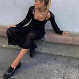 Y2K Vintage Black Knitted Long Dress Chic Women Summer Beach Holiday Hollow Out Cover-Ups Retro Crochet Maxi Smock Dresses