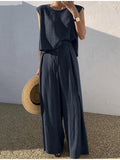 Cotton Sleeveless Tank Top Wide Leg Pants Set O-Neck Casual Oversize Tops Two Piece Sets  Women Fashion Shopping Outifits