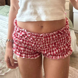 90s Vintage Cottage Plaid Shorts Elastic Slim Fit Bloomers Pants Women Kawaii Loungewear Fairy Retro Y2K Cute Knickers Bottom