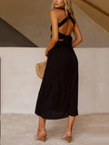 Backless Criss Cross Elastic Bust Somcking Orange Women A-line Elegant Maxi Dress Sundress Pockets Tank Solid Vestido Summer