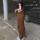 Women Oversized Tech Pants Casual Solid Drawstring Low Waist Baggy Trousers Y2K Vintage Hippie Joggers Cargo Pants Streetwear