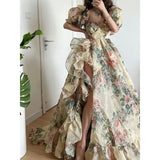 Summer Elegant Evening Party Dress Short Puff Sleeve Khaki Print Organza Women Floor-Length Overlength Princess Long Dress