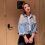 Woloong Chic Diamond-studded Denim Jacket Loose Lace Mesh Stitching Sequined Bomber Jeans Coat Hollow Beaded Cardigan Thin Tops Chaqueta