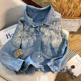 Woloong Chic Diamond-studded Denim Jacket Loose Lace Mesh Stitching Sequined Bomber Jeans Coat Hollow Beaded Cardigan Thin Tops Chaqueta