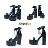 woloong Open Toe Metal Chain Chunky Heeled Strappy Sandals For Women Platform Block High Heels Summer Black Punk Shoes Woman