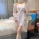 woloong Fairy Dress Holiday Irregular Floral Dress Square Collar Women's Spring Long Sleeved Princess Slim Fairy Dress Ruffle Short Dress Vacation