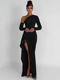 Shoulder Thigh High Split Maxi Dress Women Long Sleeve Backless Bodycon Sexy Club Party Long Dress Vestidos