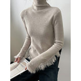 Korean Chic  Autumn Winter Elegant Tassel Spliced Sweater Pullover Women Turtleneck Long Sleeve Black Knitted Jumper