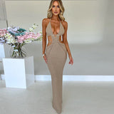 Crochet Halter Sleeveless Backless Solid Hollow Out Bandage Sexy Slim Maxi Prom Dress Winter Festival Party Outfit