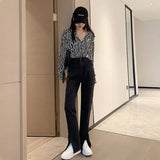 Woloong Women Casual High Waist Solid Straight Jeans Side Split Blue Denim Trousers Solid Streetwear Jeans Baggy Pants Pantalons Capris