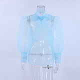 White Chiffon Top Shirts For Women Elegant Long Lantern Sleeve Mesh T-shirt See-Through Blouse Bow Sheer Ladies Shirts