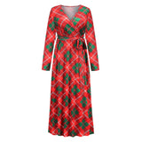 Christmas Print Long Dress for Women Autumn V-neck Knitting  A-LINE Belt Slim Ankle-Length