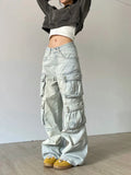 Woloong Cargo Jeans Women Y2k Vintage Distressed Multi-pocket Trousers Winter Fashion Original Streetwear Grunge Baggy Wide Denim Pants