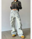 Woloong Cargo Jeans Women Y2k Vintage Distressed Multi-pocket Trousers Winter Fashion Original Streetwear Grunge Baggy Wide Denim Pants