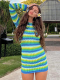 Women Stripe Knit Beach Dress Bodycon Backless Long Sleeve Green Y2K Casual Summer Holiday Sexy Dresses Party Mini Vestidos