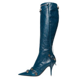 woloong Woman Boot Fashion Sexy Pure Color Pointed Toe Stilettos Heels Vintage Metal Buckle Zipper Knee High Boots Slim Tassel Shoes 45