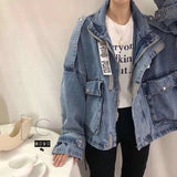 Woloong Retro Denim Coat for Women Short Loose Letter Student Harajuku Lady's Denim Jackets Hiphop Spring and Autumn Cowboy Old Outwear