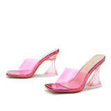 Summer Women Slippers Fashion Sexy Square Head PVC Transparent  Heel High Heels Temperament Party Shoes