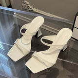 High Quality Green Patent Leather Strange Heels Slippers Sexy Street Woman Square Toe Dress Party Shoes Summer Sandals