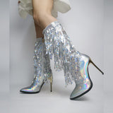 Fashion Pointed Toe Fringe Sequined Mid Calf Boots For Women Zip Metallic Glitter Sexy Elegant Dress Long Shoes