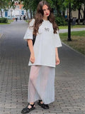 Mesh Pleated See-Through Long Skirt For Women Sheer Sexy Hollow Out Holiday Beach Skirt Female High Waist Y2k Maxi Skirt