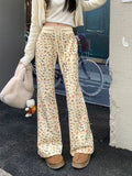 Puppy Print Casual Sweat Y2k Pants Female Autumn Winter Plus Fleece High Waisted Slim Rope Flared Straight Leg Pants