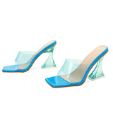 Summer Women Slippers Fashion Sexy Square Head PVC Transparent  Heel High Heels Temperament Party Shoes