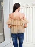 Woloong Simplee V-neck mesh lace up sexy blouse summer women Strap boho ruffle cold shouler elegant tops Tulle see through casual shirt