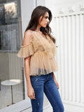 Woloong Simplee V-neck mesh lace up sexy blouse summer women Strap boho ruffle cold shouler elegant tops Tulle see through casual shirt