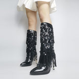 Fashion Pointed Toe Fringe Sequined Mid Calf Boots For Women Zip Metallic Glitter Sexy Elegant Dress Long Shoes