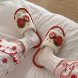 Cute Strawberry Plush Slippers Autumn House Slides Female Flip Flops Women Slippers Winter Home Warm Furry Linen Slippers Women