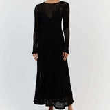 White Crochet Hollow Out Midi Dress For Women Long Sleeve Casual Dress Beach Holiday See-Through Summer Dress Cover-Up