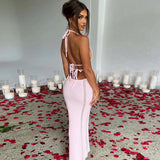 Crochet Halter Sleeveless Backless Solid Hollow Out Bandage Sexy Slim Maxi Prom Dress Winter Festival Party Outfit