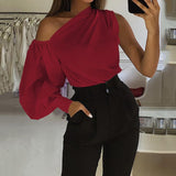 Asymmetrical Blouse Women Summer Off Shoulder Blusas Elegant Lantern Long Sleeve Shirt Fashion Ladies Party Tops