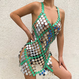 Sexy Dress Fashion Elegant Dresses Performance Creative Patchwork Colorful Slit Bead Sequins Body Chain Female Outfit Y2k