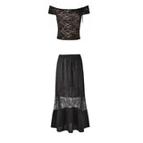 90s Vintage Floral Lace Sheer Crop Tops + Long Skirt 2 Piece Matching Set Fiary Grunge Off Shoulder T-shirt Y2K Streetwear