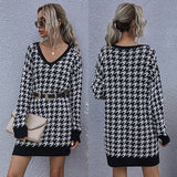 Jenvon Coran Women's Winter Dress, Woman Pullovers, Autumn Knitted Houndstooth Sweater Dress Female .