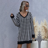 Jenvon Coran Women's Winter Dress, Woman Pullovers, Autumn Knitted Houndstooth Sweater Dress Female .