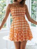 Woloong Aiertu Orange Plaid Print Vintage Women Pleated Trimmed Summer Dress Backless Elastic New Gingham Mini Beach Dress Boho