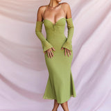 woloong  Elegant Halter Midi Dress for Women Summer Sexy Backless Club Party Green Mesh Sheer Dresses Gown Vestido Clothes