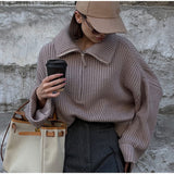 Winter Women's Turtleneck Sweaters Polo Collar With Zipper Knitted Pullover Female Loose Long Sleeve Top Warm Sweaters