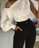 Asymmetrical Blouse Women Summer Off Shoulder Blusas Elegant Lantern Long Sleeve Shirt Fashion Ladies Party Tops