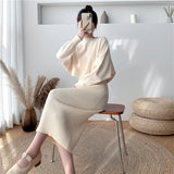 New Fall/Winter Bat Sleeve O-Neck Soft Sweater  + Women's Knitted Vest Long Dress Two-Piece Dress Sets