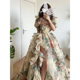 Summer Elegant Evening Party Dress Short Puff Sleeve Khaki Print Organza Women Floor-Length Overlength Princess Long Dress