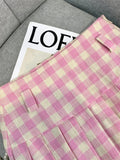 A-line Elegant Pink Plaid Pleated Midi Women Skirt Vintage Korean Fashion Preppy Style